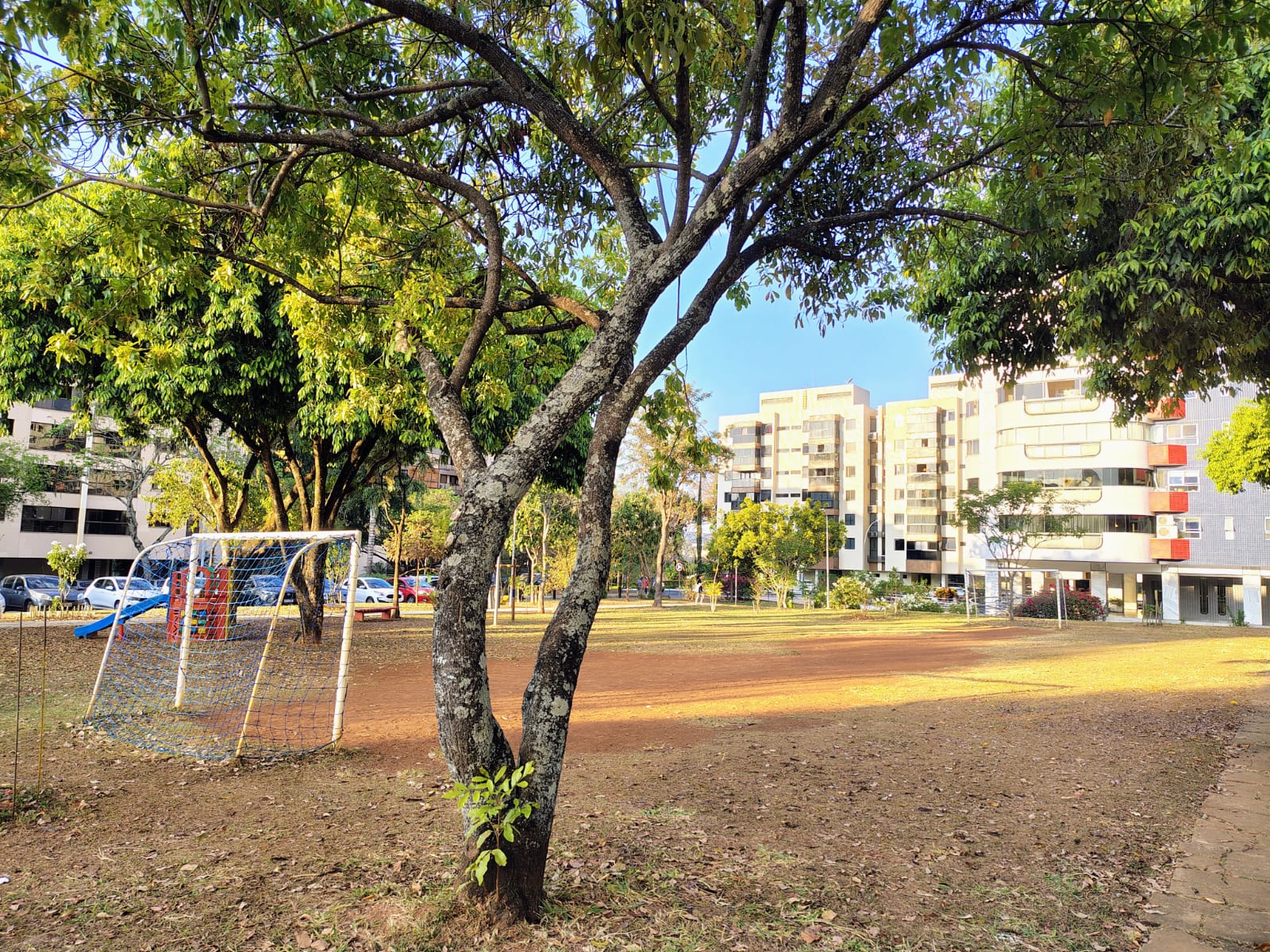 Área verde da SQN 215 com campo, parquinho e blocos residenciais ao fundo